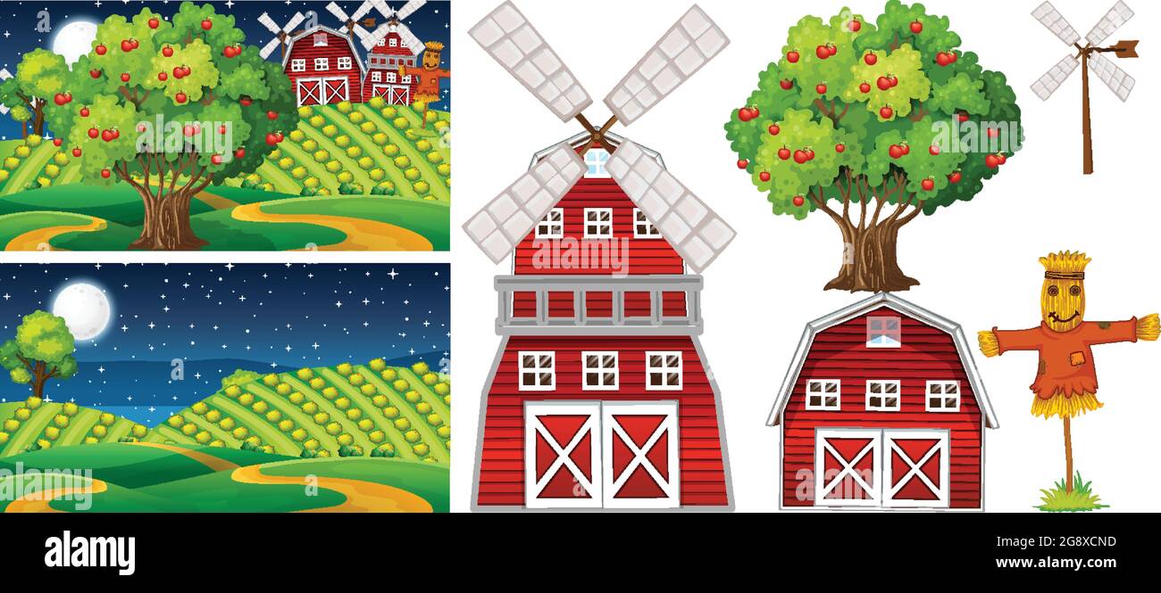Farm element set isolated with farm scence illustration Stock Vector ...