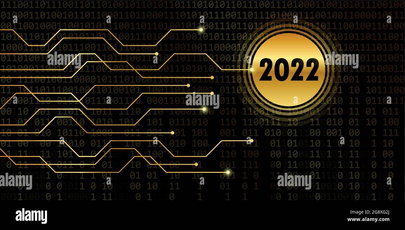 2022 new year on golden binary code background Stock Vector