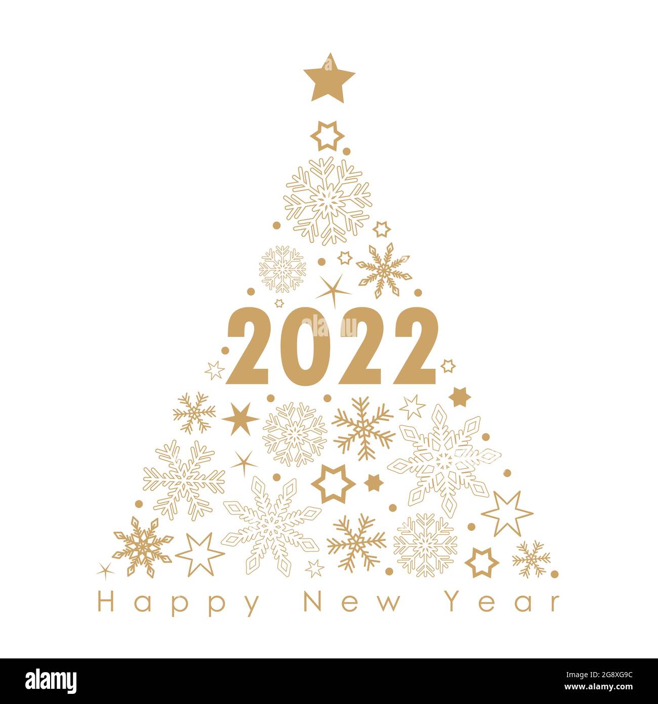 2022 golden christmas tree with snowflakes and stars on a black background Stock Vector