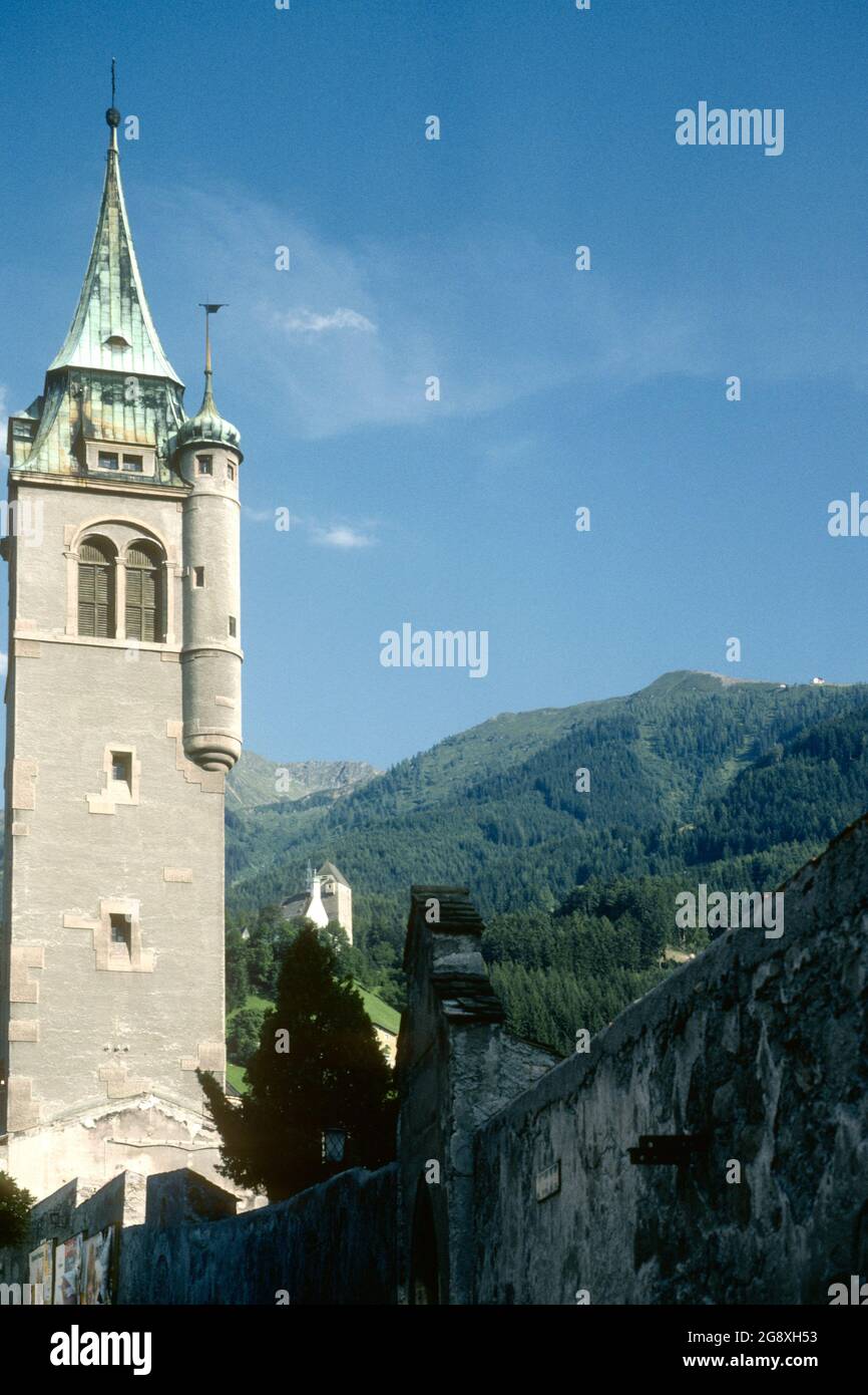 Parish church tower in 1981, Schwaz, Tirol, Austria Stock Photo