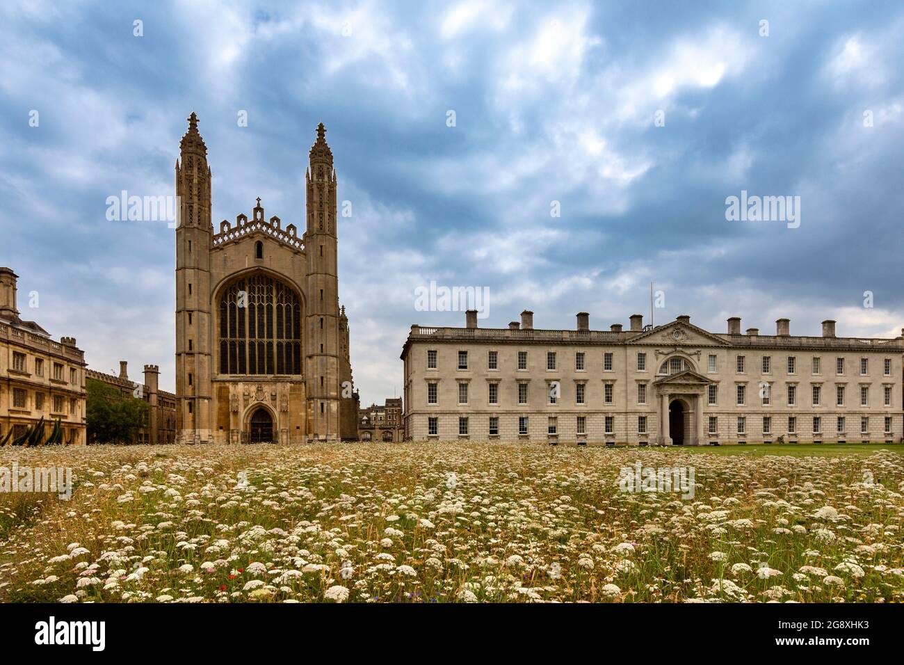 CAMBRIDGE ENGLAND KING'S COLLEGE CHAPEL THE GIBBS  BUILDING WHITE WILD FLOWERS AND RED POPPIES IN SUMMER Stock Photo