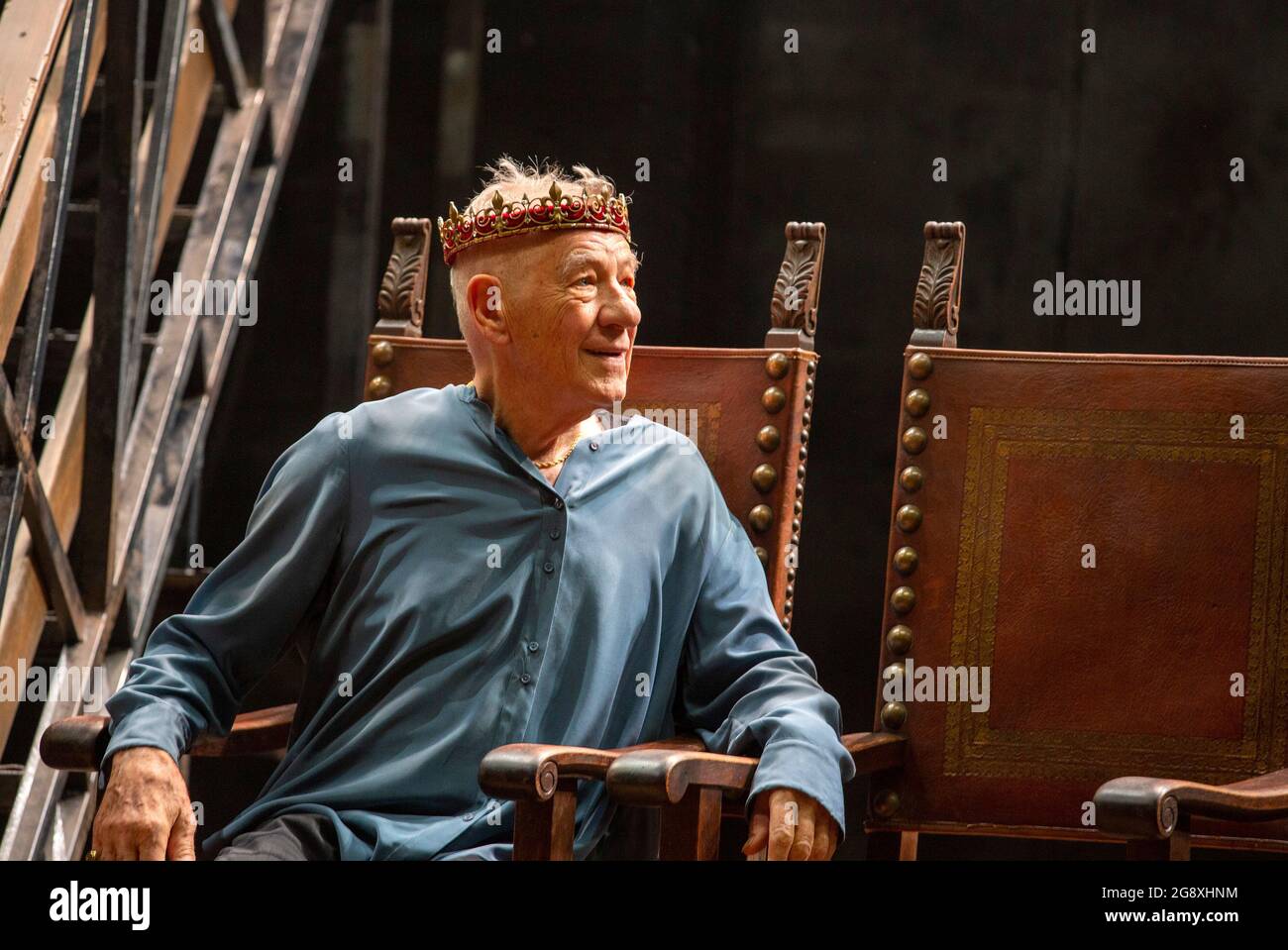 Ian McKellen (Hamlet) in HAMLET by Shakespeare at the Theatre Royal Windsor, England  20/07/2021 set design: Lee Newby  costumes: Loren Epstein  wigs & make-up: Susanna Peretz  lighting: Zoe Spurr  director: Sean Mathias Stock Photo