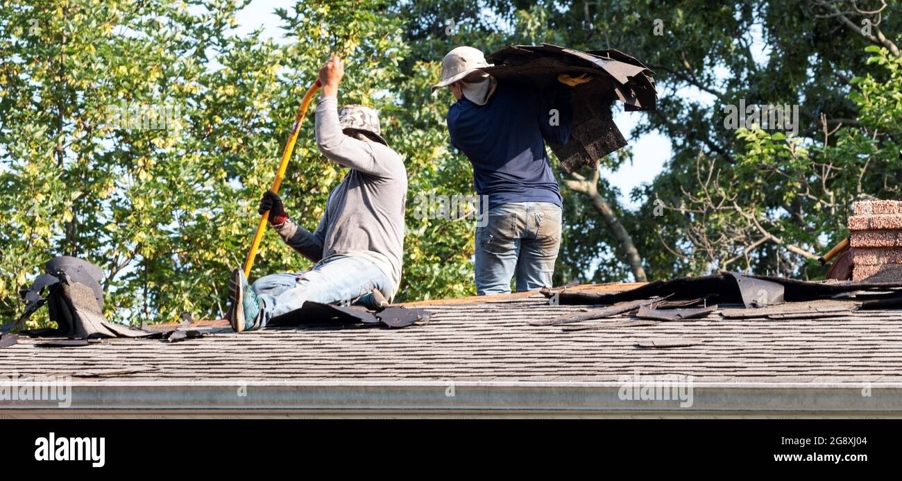 Construction workers removing and replacing roof shingles on a