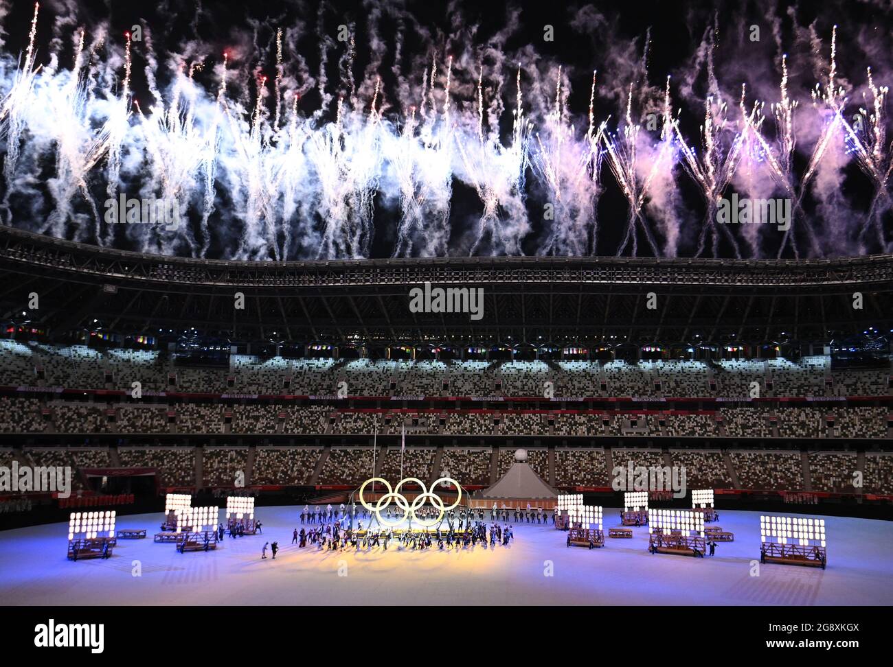 Tokyo Olympics The Tokyo Olympics Opening Ceremony Olympic Stadium Tokyo Japan July 23 21 General View Of A Firework Display With The Olympic Rings Seen Inside The