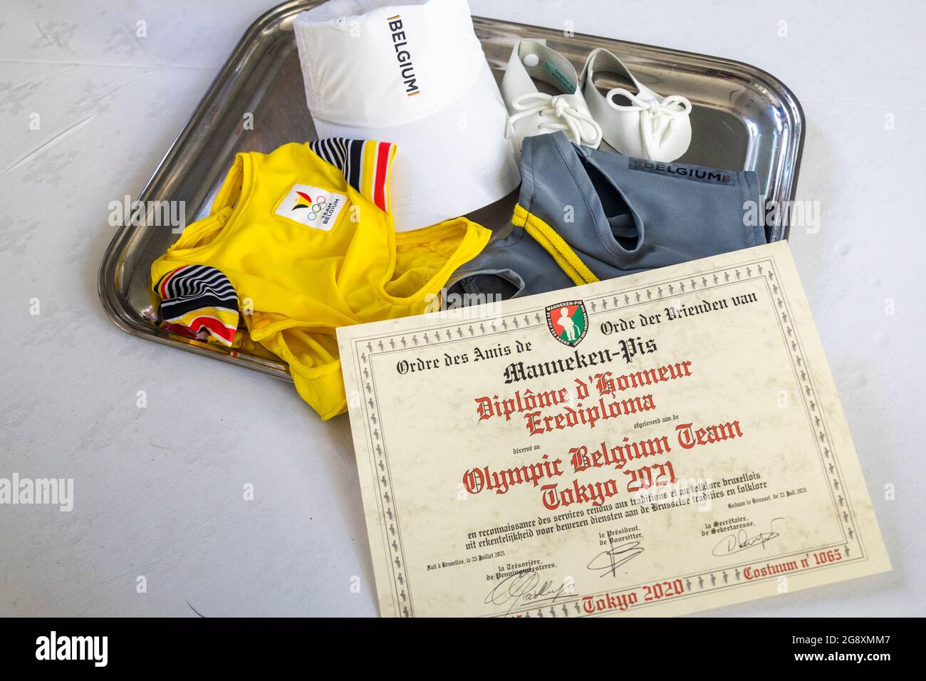 Illustration picture shows the Team Belgium costume for Manneken Pis, during a ceremony of handing over a #TeamBelgium costume to Manneken Pis, in the Stock Photo