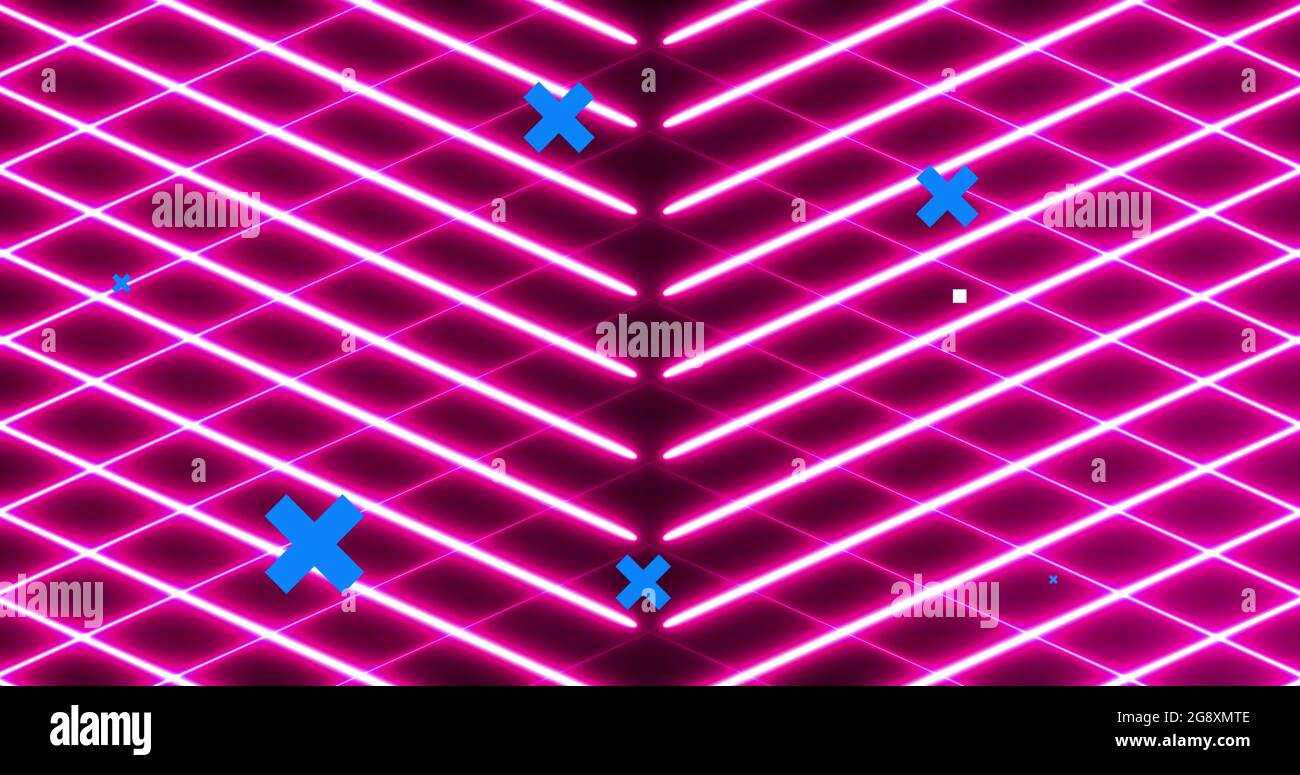 Image of blue crosses over network of icons, pink neon grid, and circuit network Stock Photo