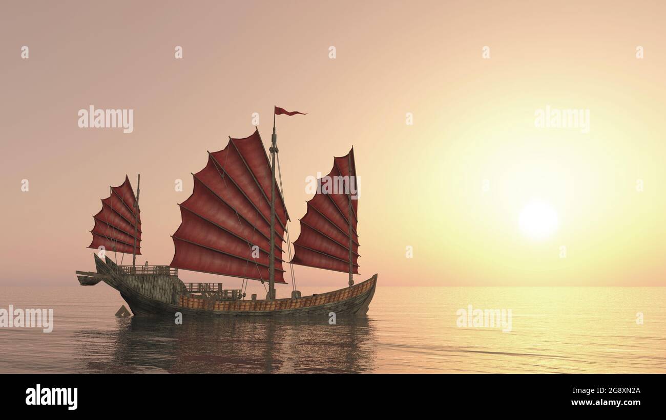 Chinese junk ship at sunset Stock Photo Alamy
