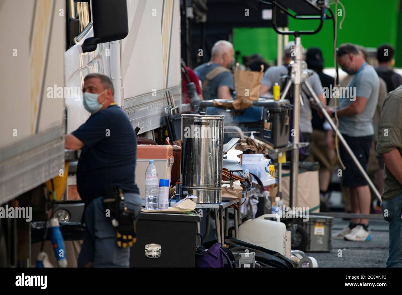 Glasgow Scotland Uk 22 July 21 Pictured Film Crew Take Time Out With A Tea Break Coffees And Teas Along With Biscuits And Refreshments All Round Filming On The Set Of The