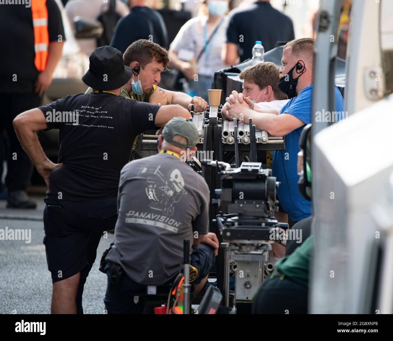 Glasgow Scotland Uk 22 July 21 Pictured Film Crew Take Time Out With A Tea Break Coffees And Teas Along With Biscuits And Refreshments All Round Filming On The Set Of The