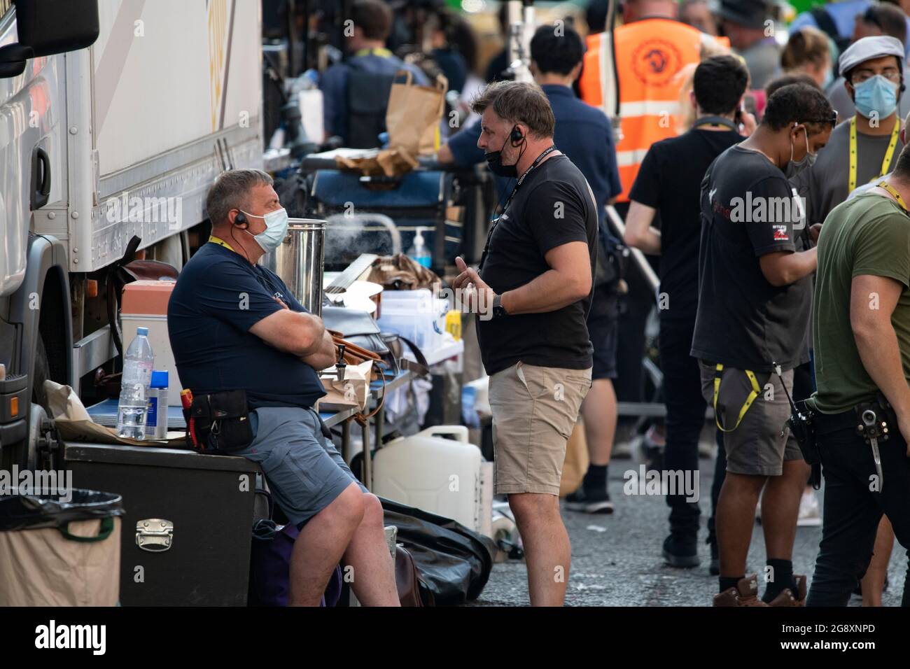 Glasgow Scotland Uk 22 July 21 Pictured Film Crew Take Time Out With A Tea Break Coffees And Teas Along With Biscuits And Refreshments All Round Filming On The Set Of The