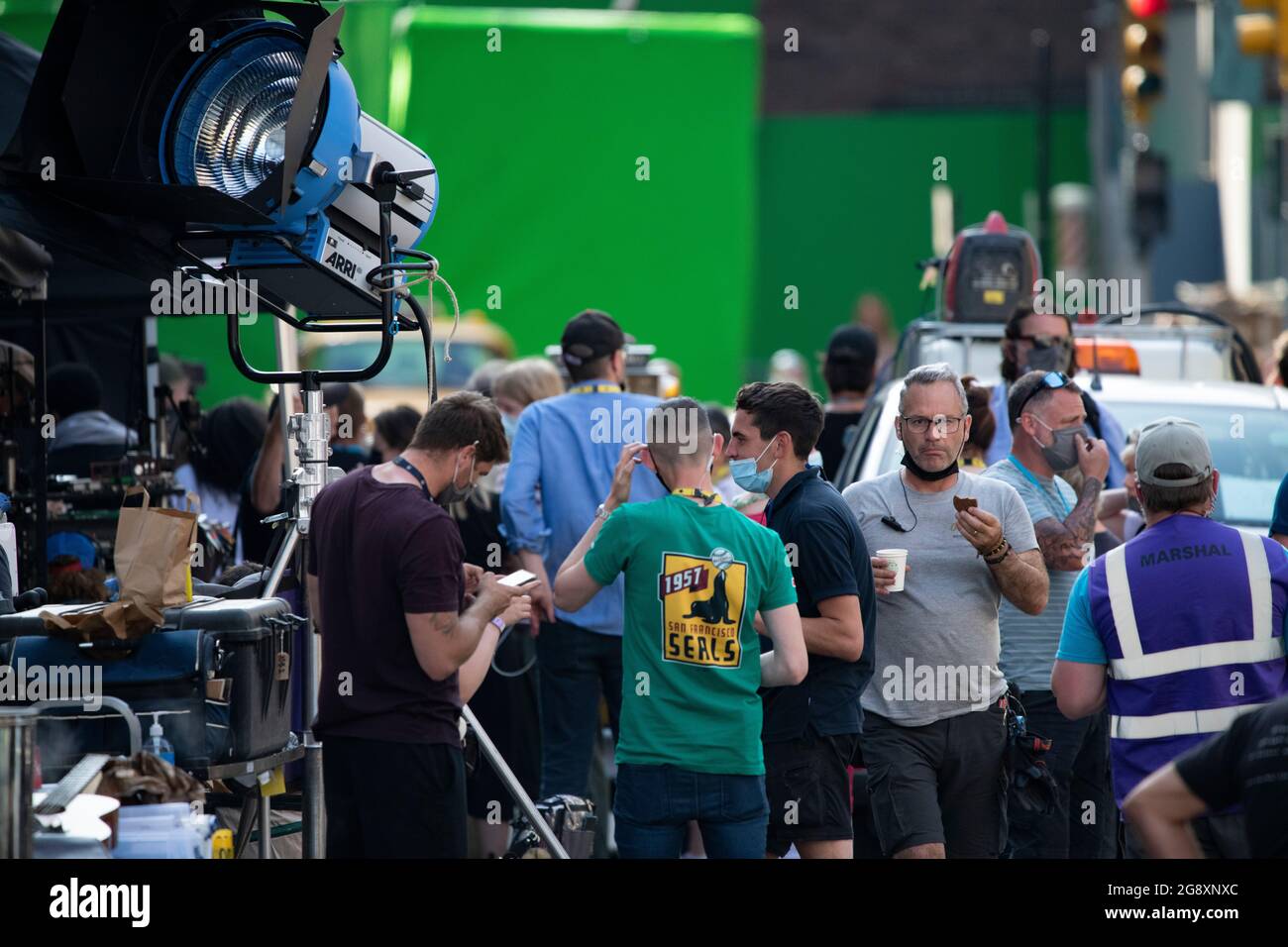 Glasgow Scotland Uk 22 July 21 Pictured Film Crew Take Time Out With A Tea Break Coffees And Teas Along With Biscuits And Refreshments All Round Filming On The Set Of The