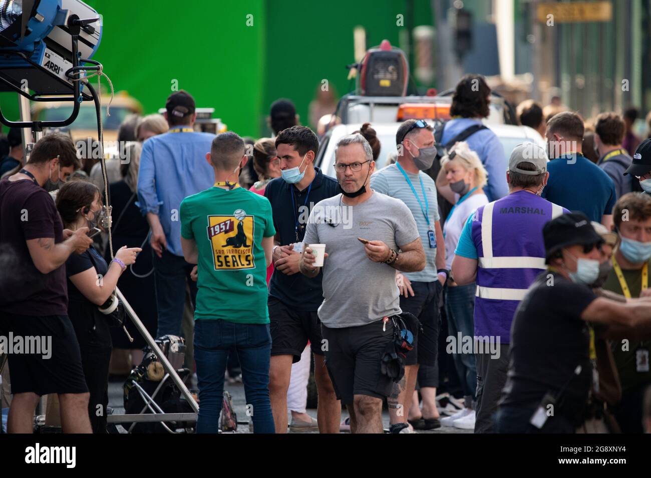 Glasgow, Scotland, UK. 22 July 2021. PICTURED Film crew take time out