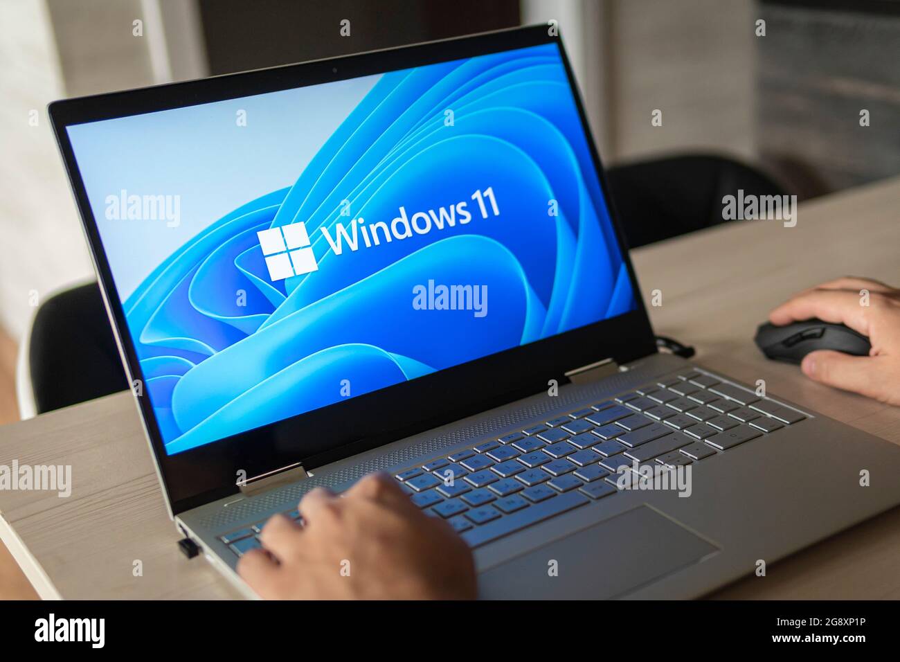 June 23, 2021. Barnaul, Russia. Windows 11 logo on laptop screen. A new operating system update from Microsoft Stock Photo