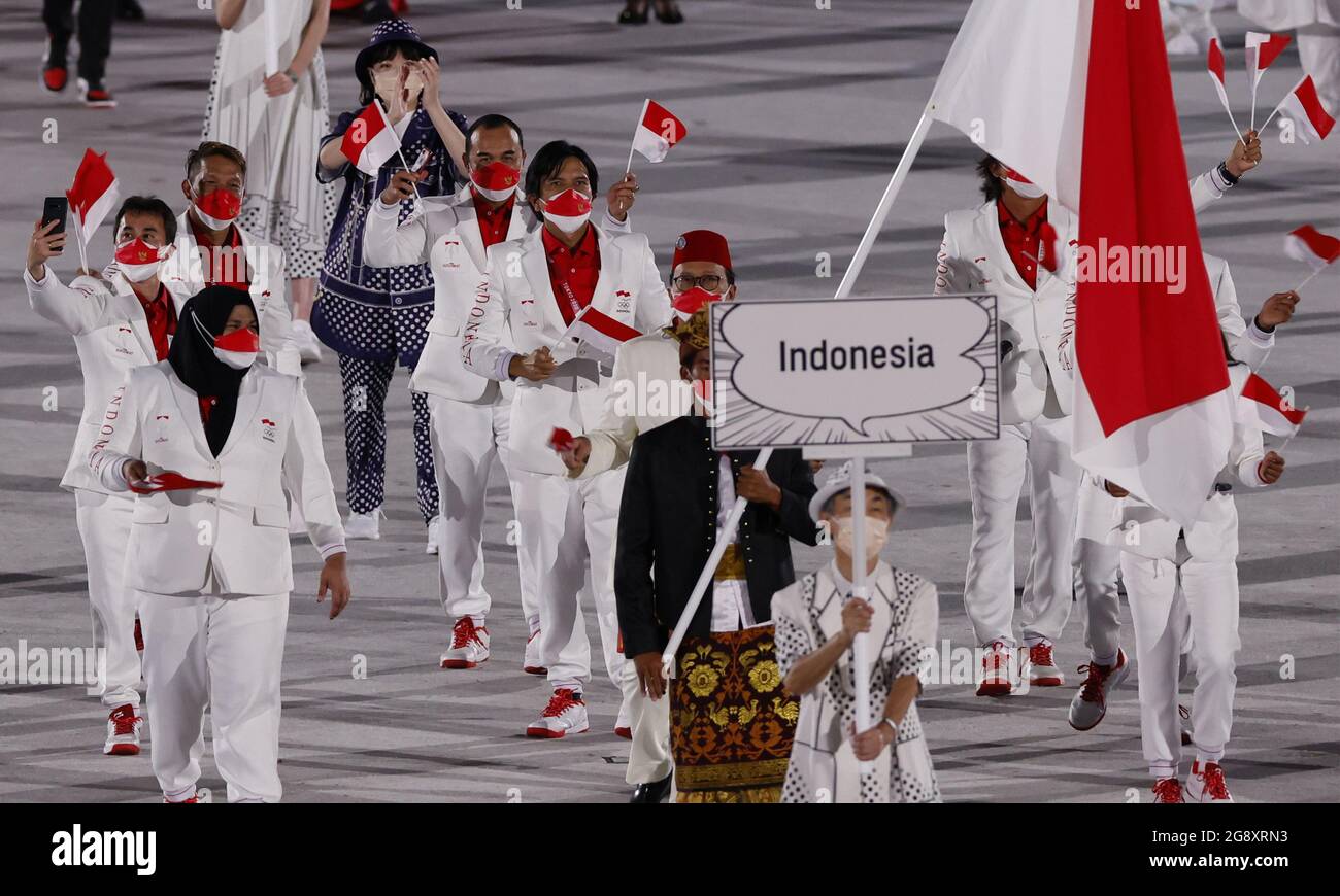 Tokyo Japan 23rd July 21 Tokyo Japan 23rd July 21 Indonesia Marches During The Olympics Opening Ceremonies At Tokyo Olympics Stadium In Tokyo Japan On Friday July 23 21 Photo By Tokyo Japan 23rd July 21 Tokyo Japan 23rd July 21 Indonesia Marches During The Olympics Opening Ceremonies At Tokyo Olympics Stadium In Tokyo Japan On Friday July 23 21 Photo By