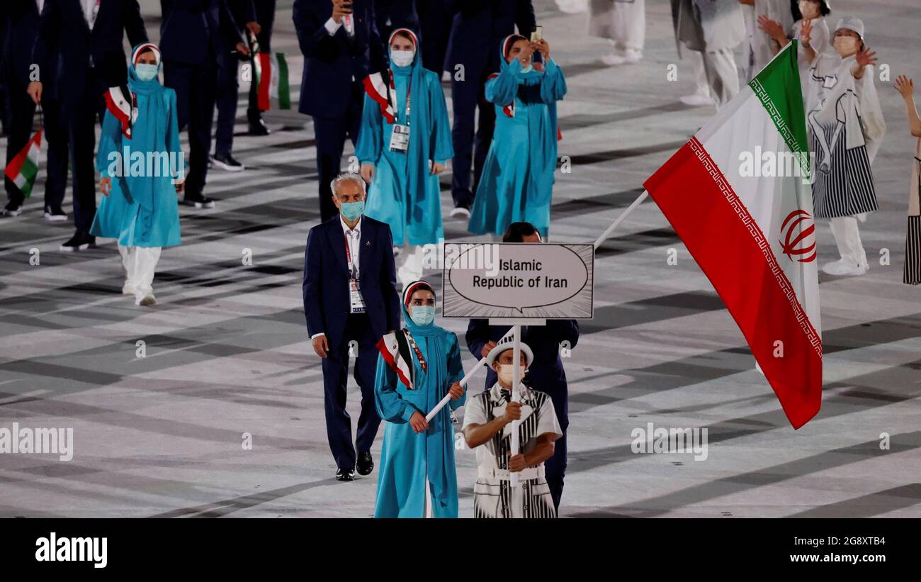 Tokyo Olympics The Tokyo Olympics Opening Ceremony Olympic Stadium Tokyo Japan July 23 21 Flagbearers Haniyeh Rostamiyan And Samad Nikkhah Bahrami Of The Islamic Republic Of Iran