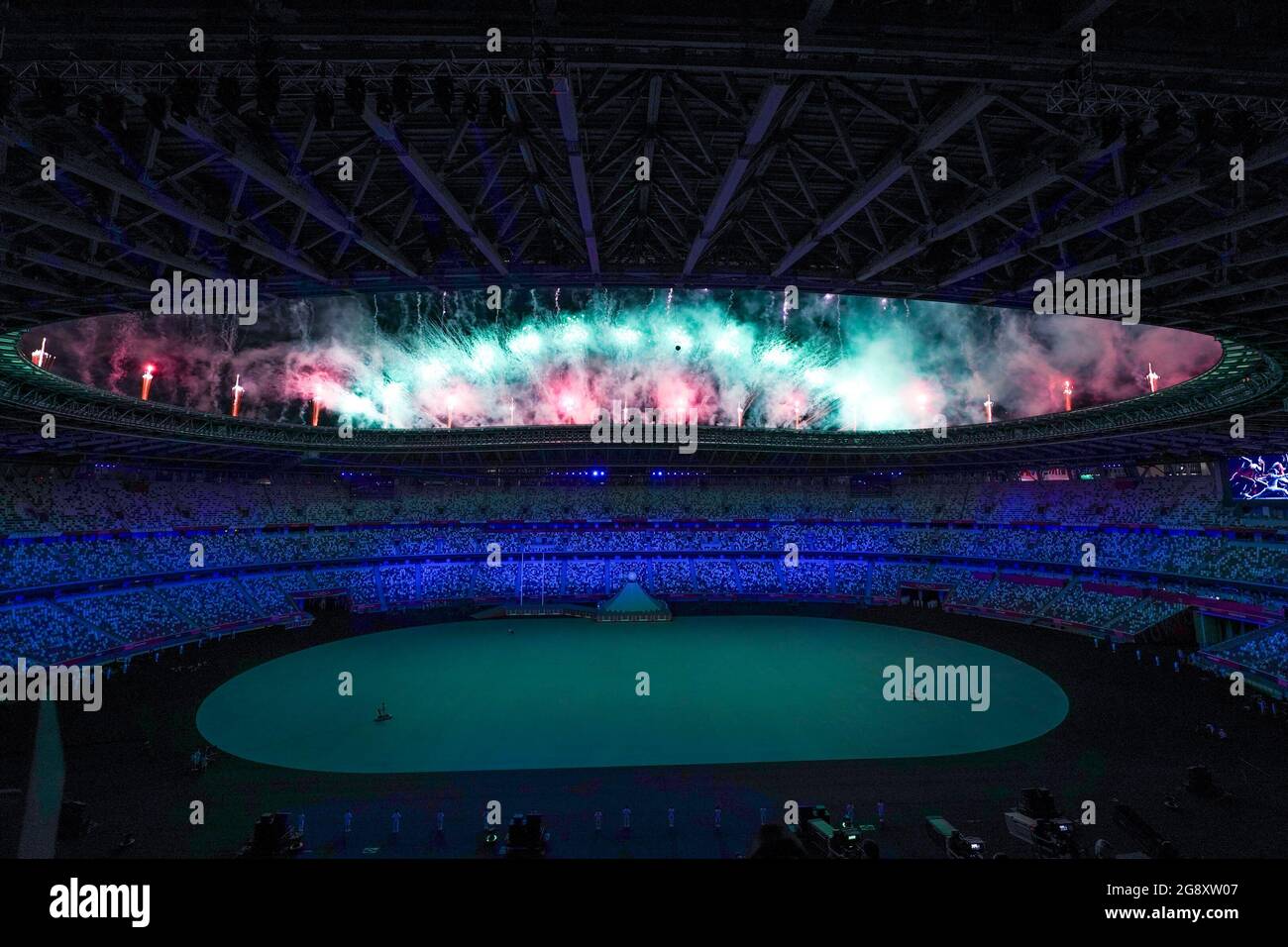 Tokyo Japan 23rd July 21 Tokyo Japan July 23 The Five Olympic Rings Inside The Stadium While Fireworks Are Let Off During The Opening Ceremony Of The Tokyo Olympic Games