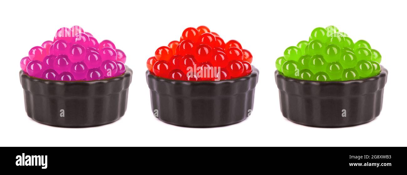 Tapioca pearls for bubble tea isolated on white background. Mix tapioca