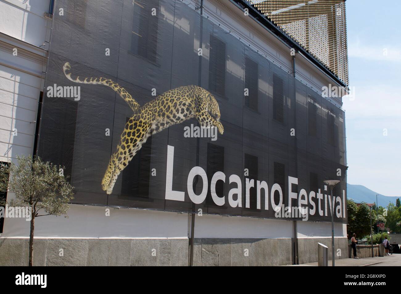 Locarno, Ticino, Switzerland - 21st July 2021 : Locarno Film Festival sign hanging on the facade of Palacinema Building in Locarno, Switzerland Stock Photo