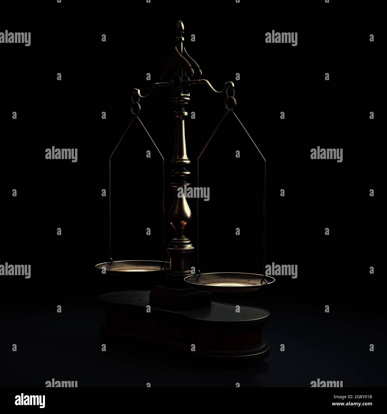 Ornate brass justice scales with a wooden base backlit on an isolated dark background - 3D render Stock Photo