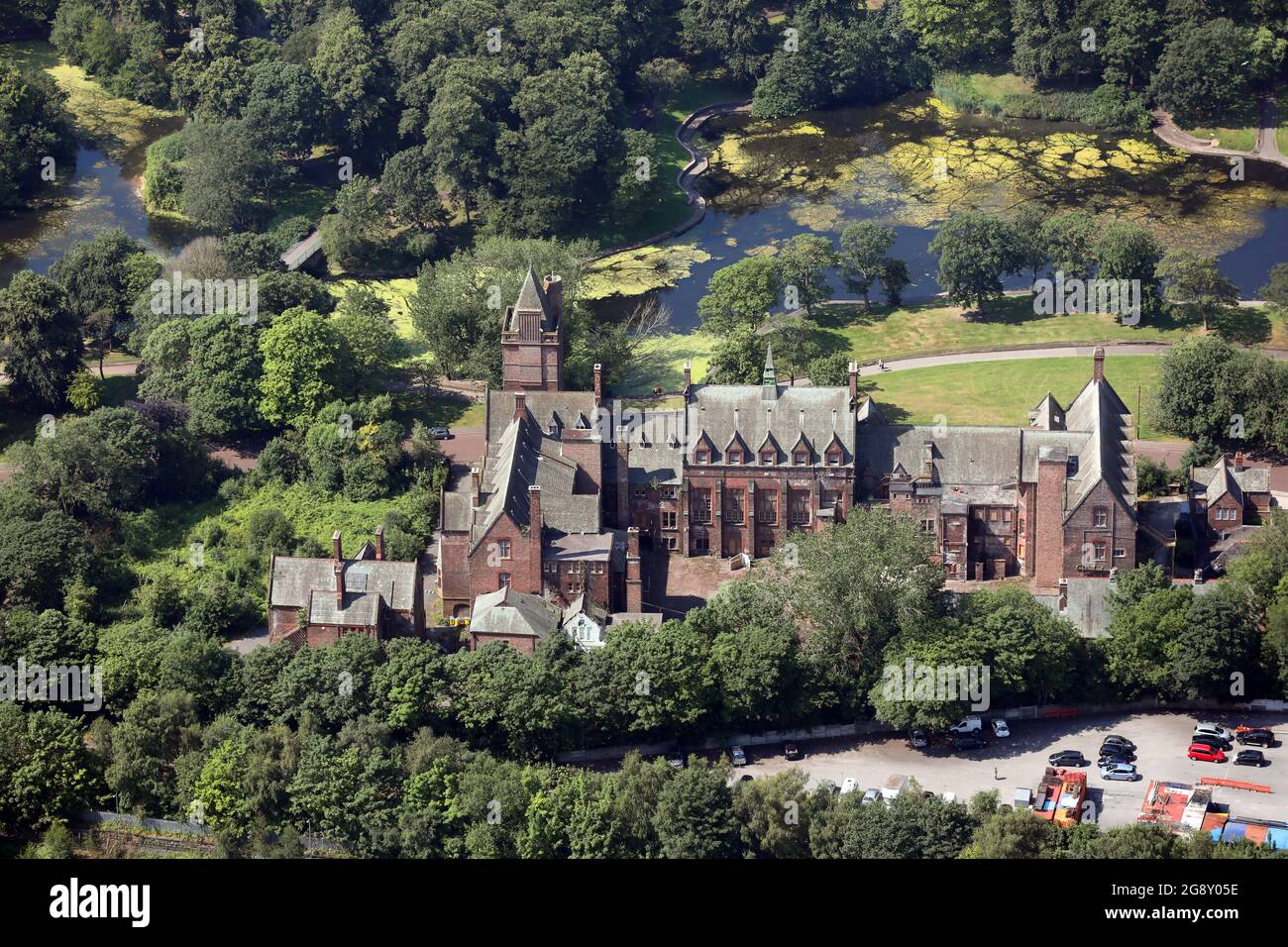 aerial view of Newsham Park Hospital, an orphan asylum in Liverpool which now lies derelict Stock Photo