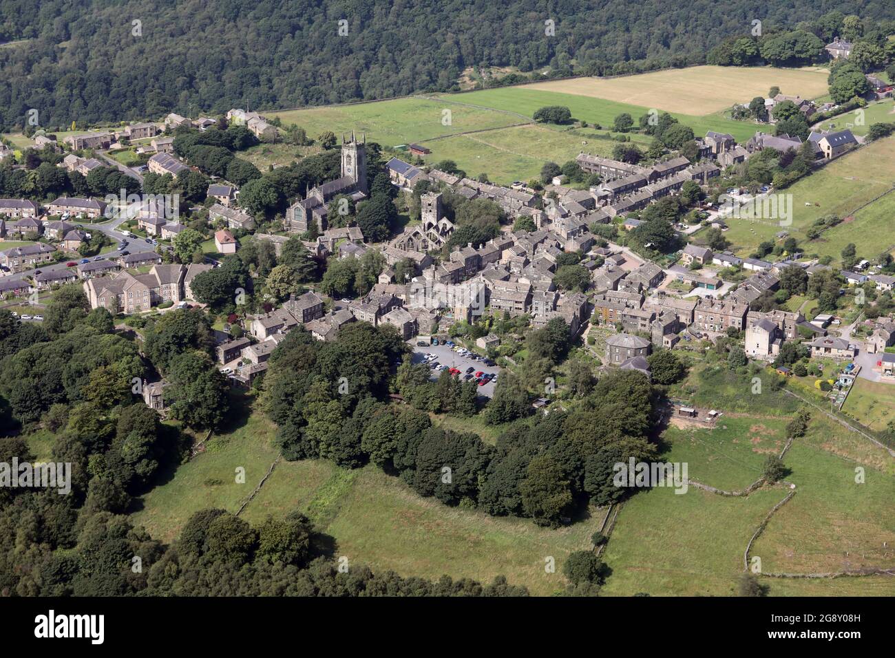 aerial view of Heptonstall village, near Hebden Bridge, West Yorkshire Stock Photo