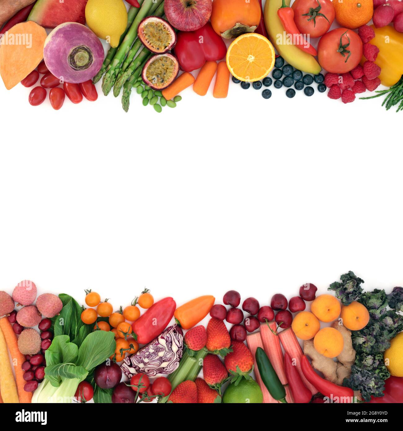 Healthy fruit, vegetable background border for immune boosting vegan