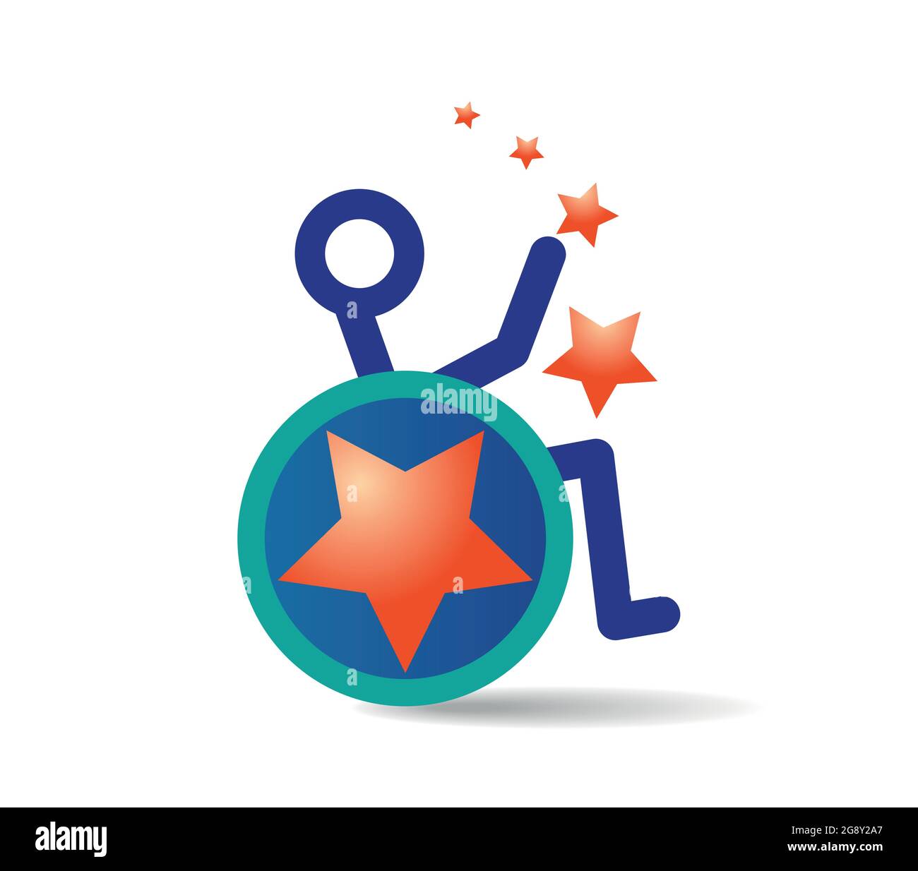 Disability sign. Happy Disabled man in a wheelchair with stars Stock