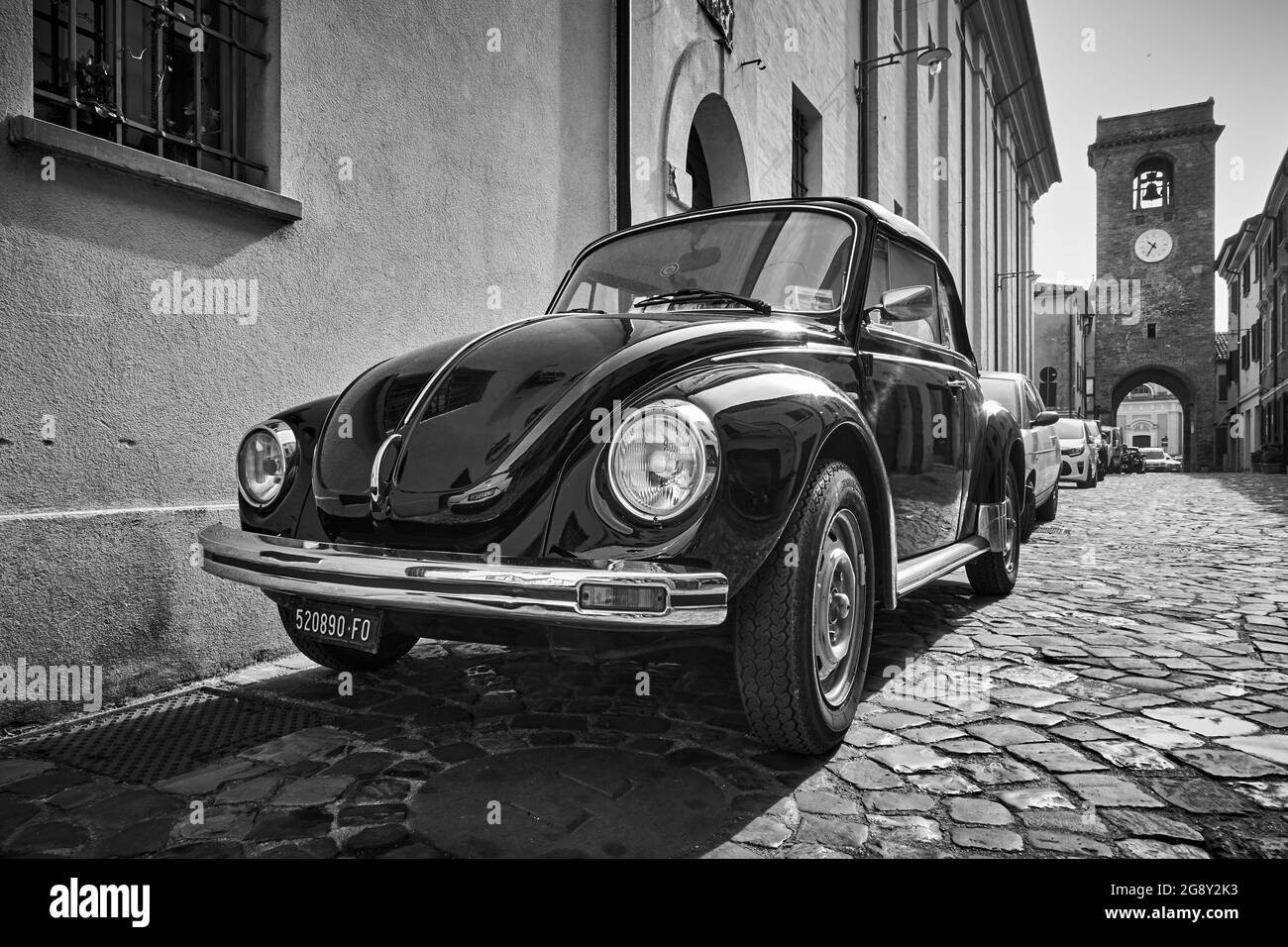San Giovanni in Marignano, Italy - February 29, 2020:  Vintage car Volkswagen Beetle 1303 Cabriolet (1972—1980) parked in the street in old italian to Stock Photo