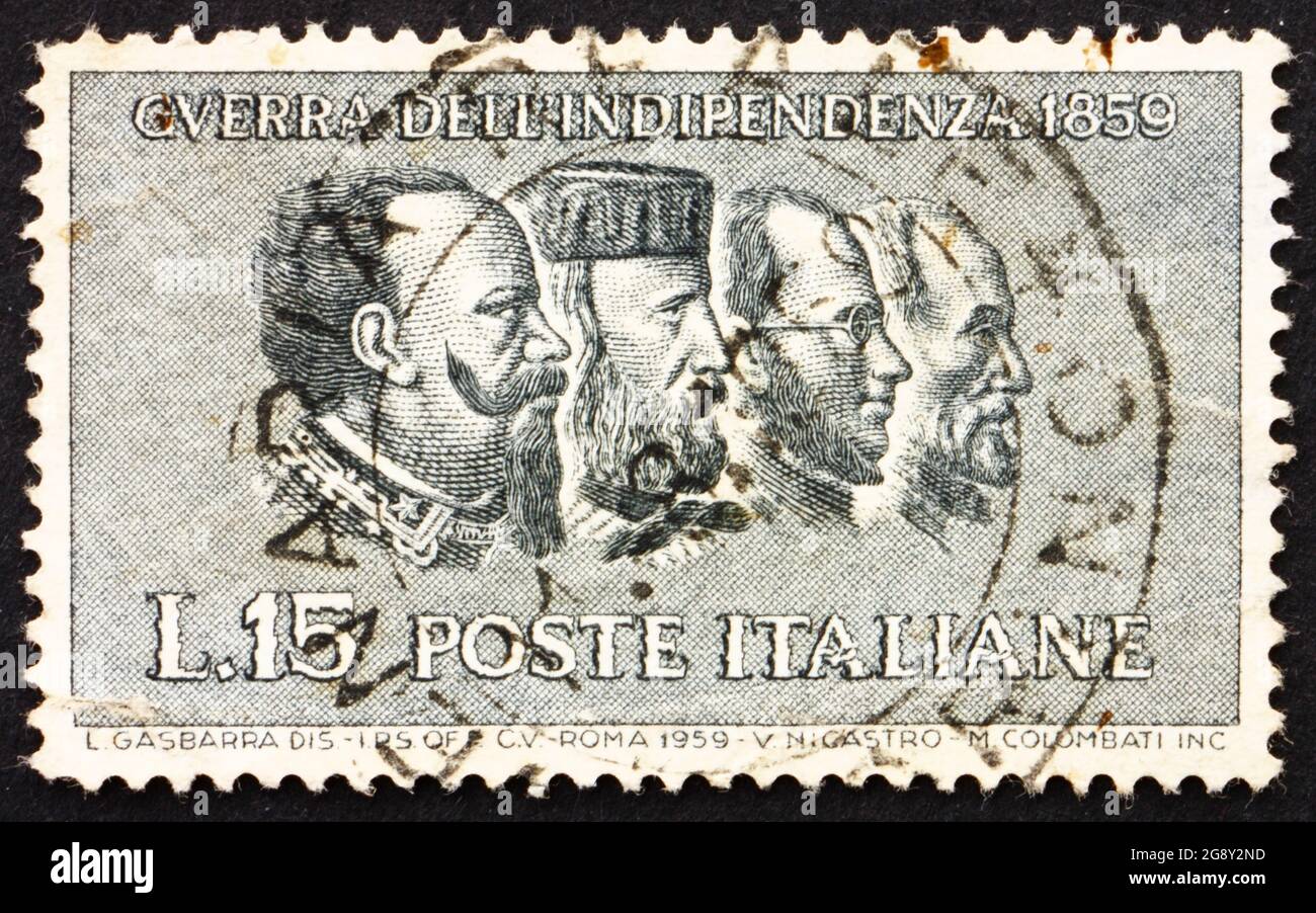 ITALY - CIRCA 1959: a stamp printed in the Italy shows Victor Emanuel II, Garibaldi, Cavour, Mazzini, Centenary of the War of Independence, circa 1959 Stock Photo