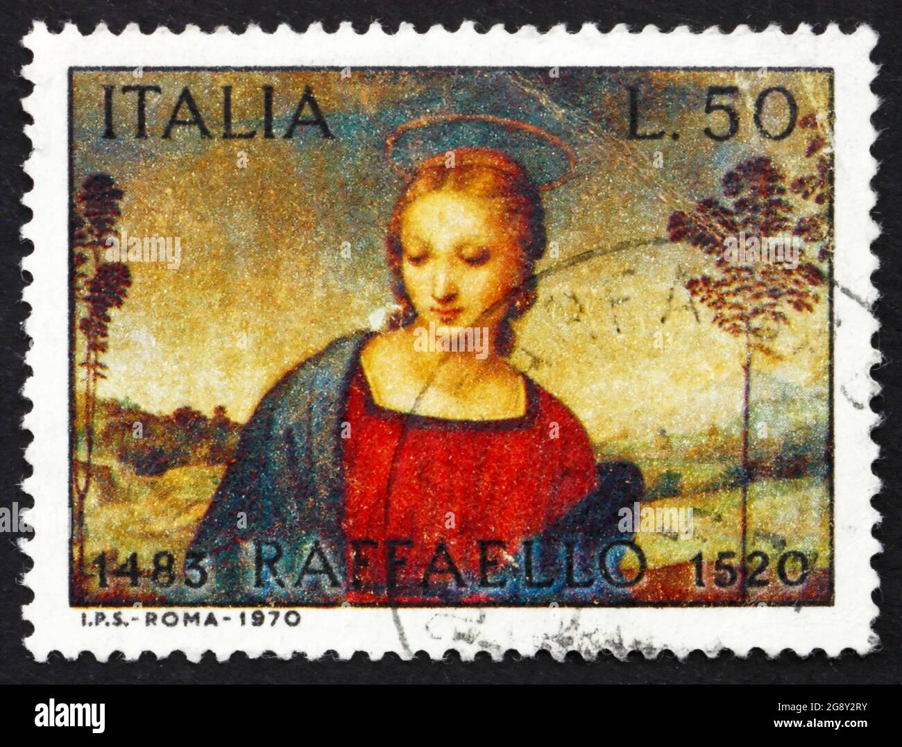 ITALY - CIRCA 1970: a stamp printed in the Italy shows Madonna of the Goldfinch, Detail, by the Italian Painter Raphael, circa 1970 Stock Photo