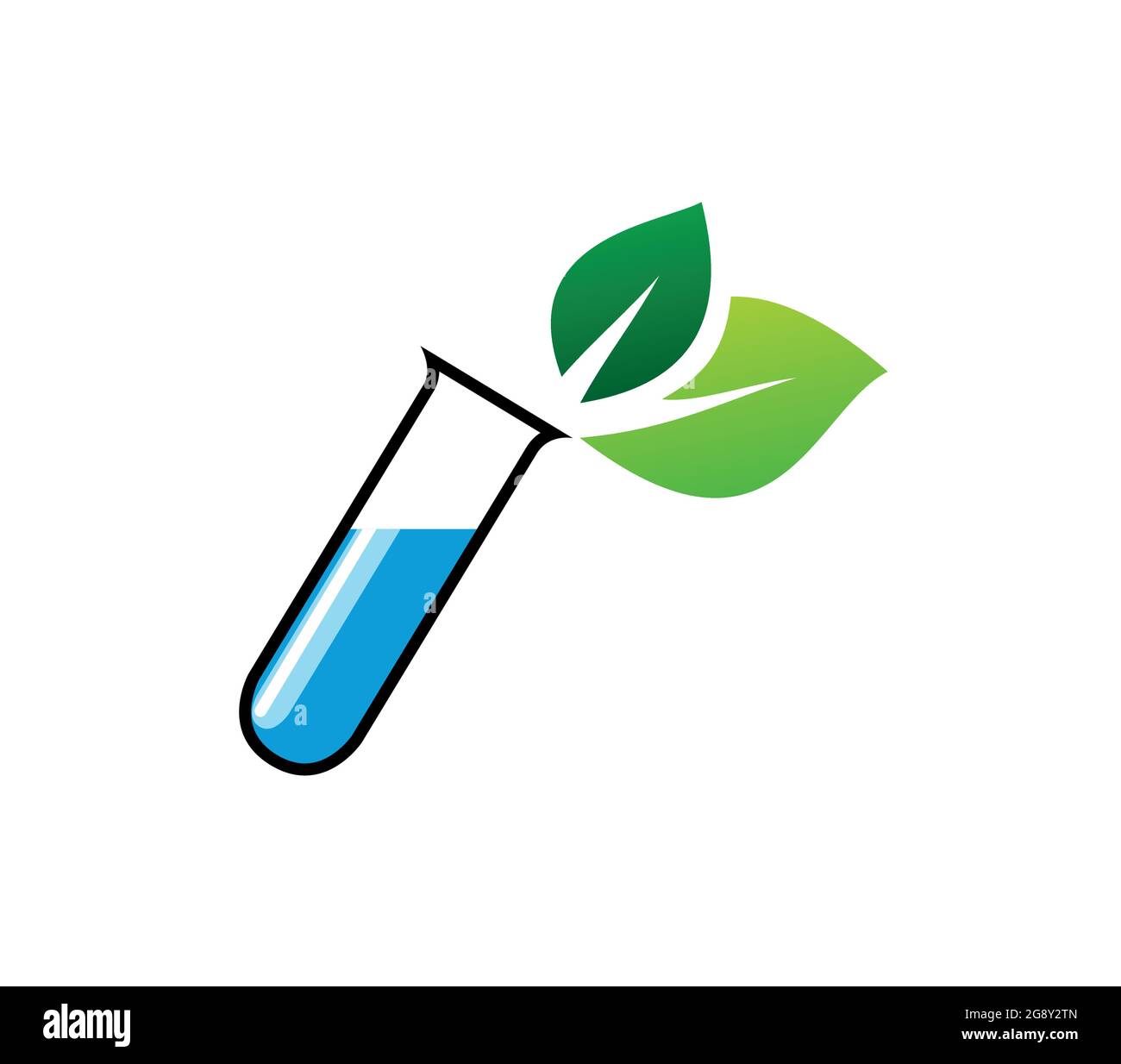 Laboratory test tube with blue liquid and leaves. Chemistry with