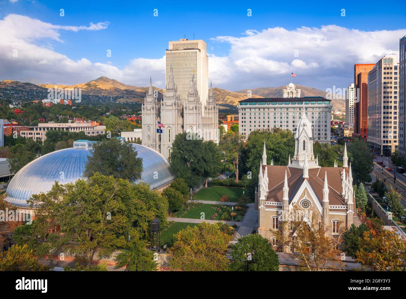 Salt Lake City, Utah, USA downtown cityscape over Temple Square. Stock Photo