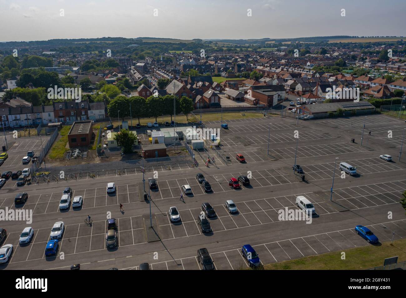 Empty Bridlington Covid Covid 19 Test Site coronavirus aerial drone photo photography Walk-through Testing Site Moorfield Road Car Park  Historical Stock Photo