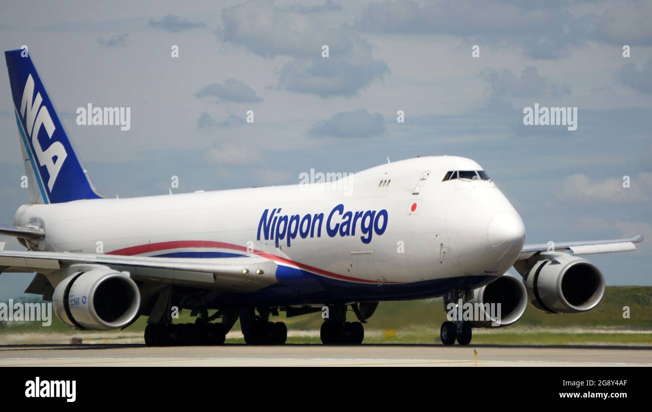 CHICAGO, UNITED STATES - Jul 09, 2021: The Nippon Cargo Boeing 747 taxis on the Chicago O'Hare International Airport runway Stock Photo