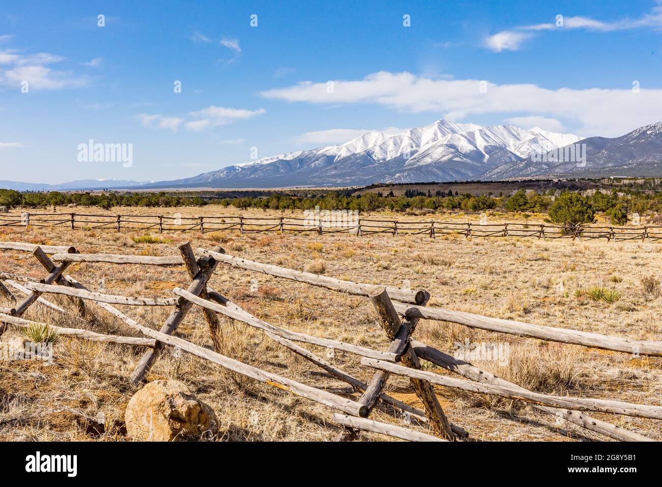 Snow covered Collegiate Peaks mountains near Buena Vista, Colorado Stock Photo