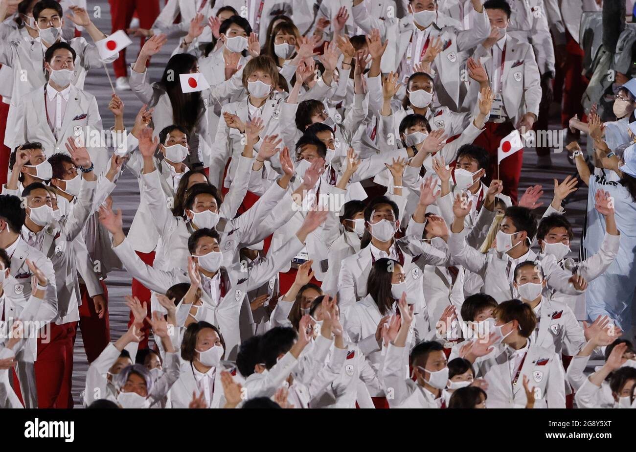 Tokyo, Japan. 23rd July, 2021. Host nation Japan arrives during the