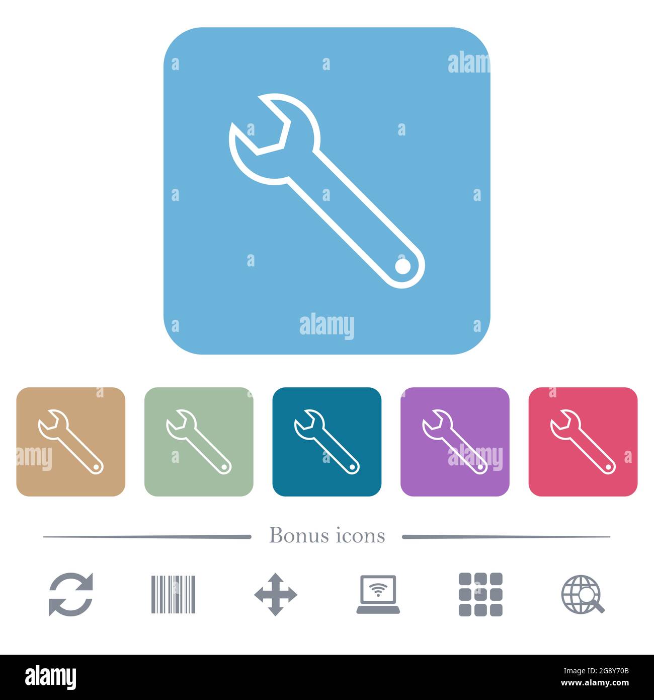 Single wrench outline white flat icons on color rounded square ...