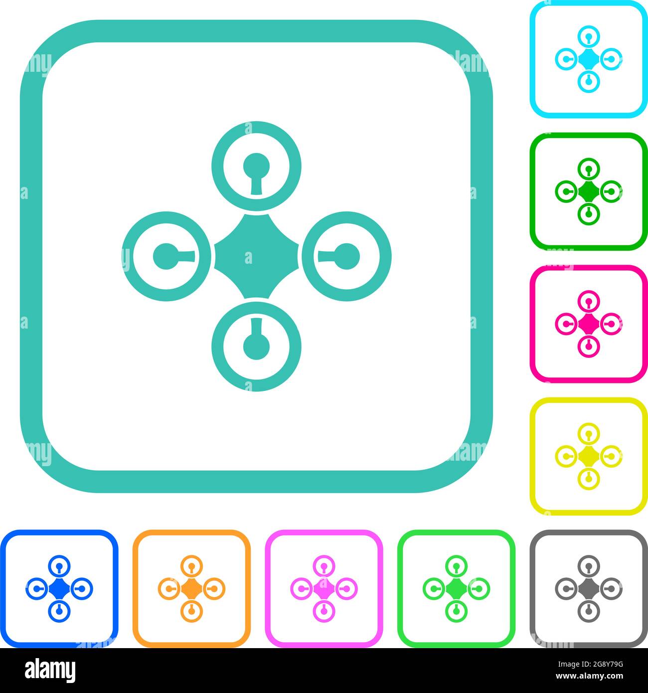 Drone top view solid vivid colored flat icons in curved borders on white background Stock Vector