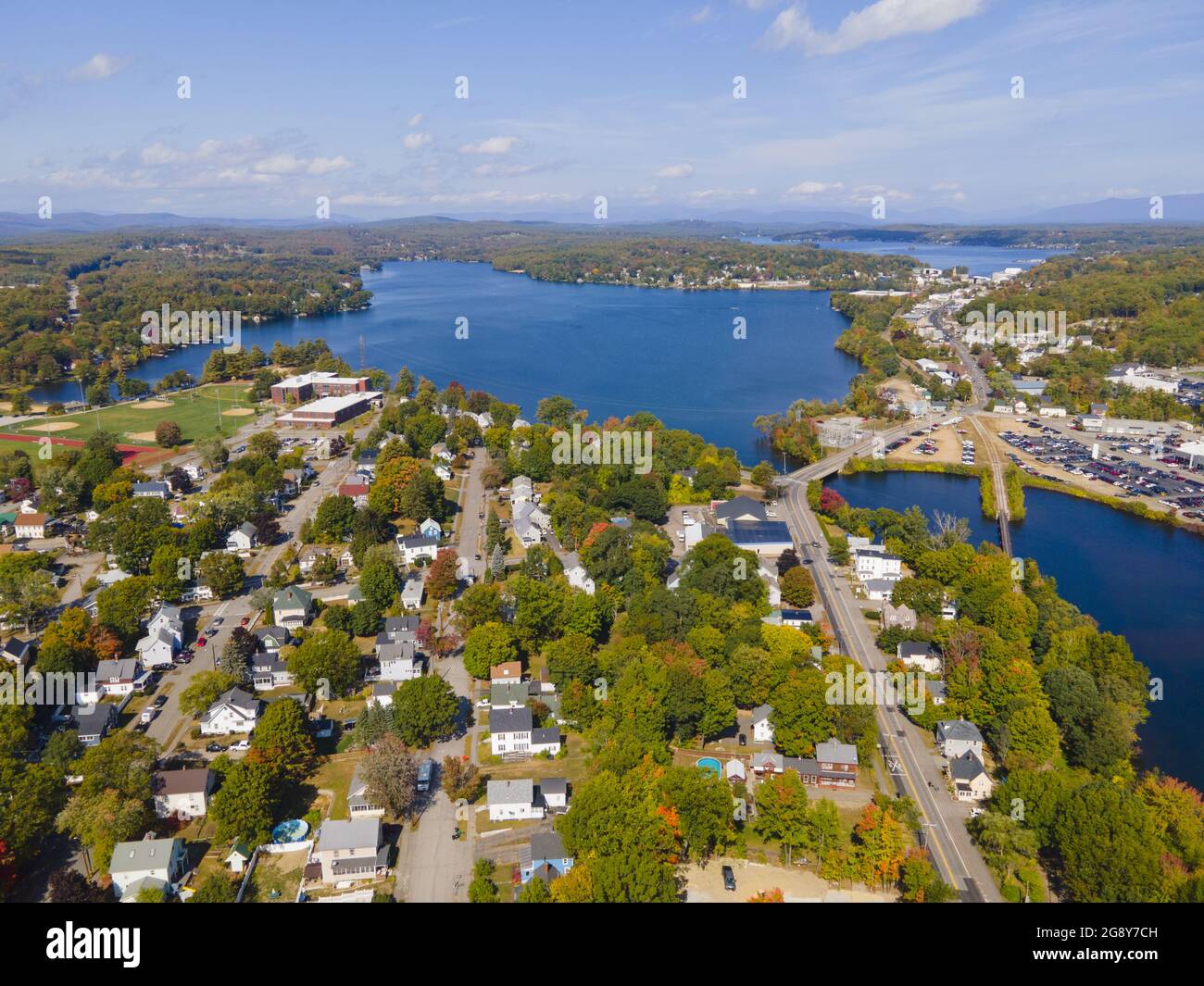 Laconia city center and Opechee Bay of Lake Winnipesaukee aerial view