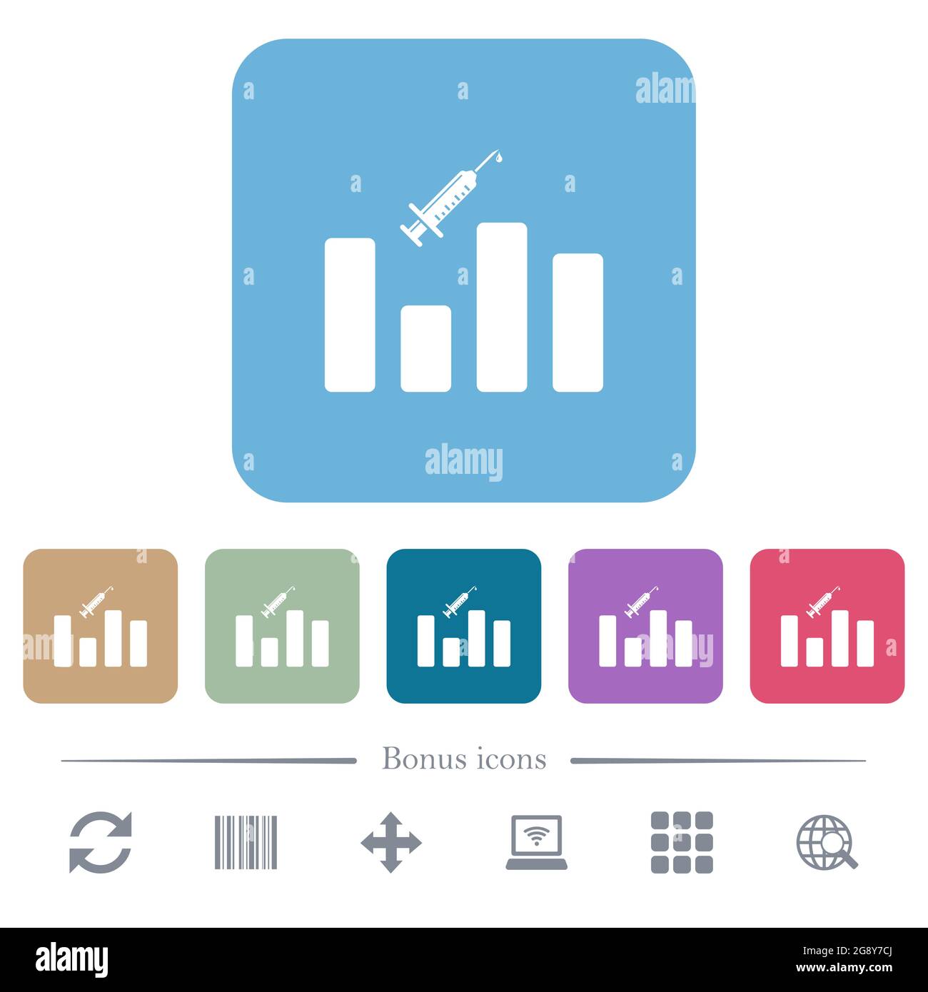 Vaccination graph white flat icons on color rounded square backgrounds ...