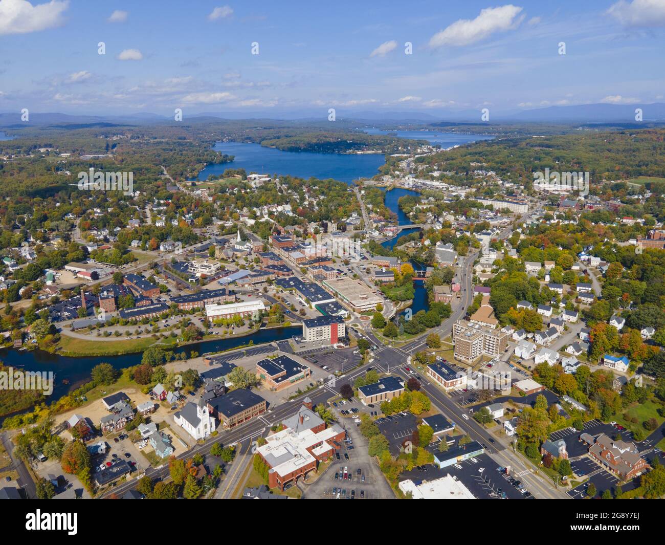 Laconia city center and Opechee Bay of Lake Winnipesaukee aerial view