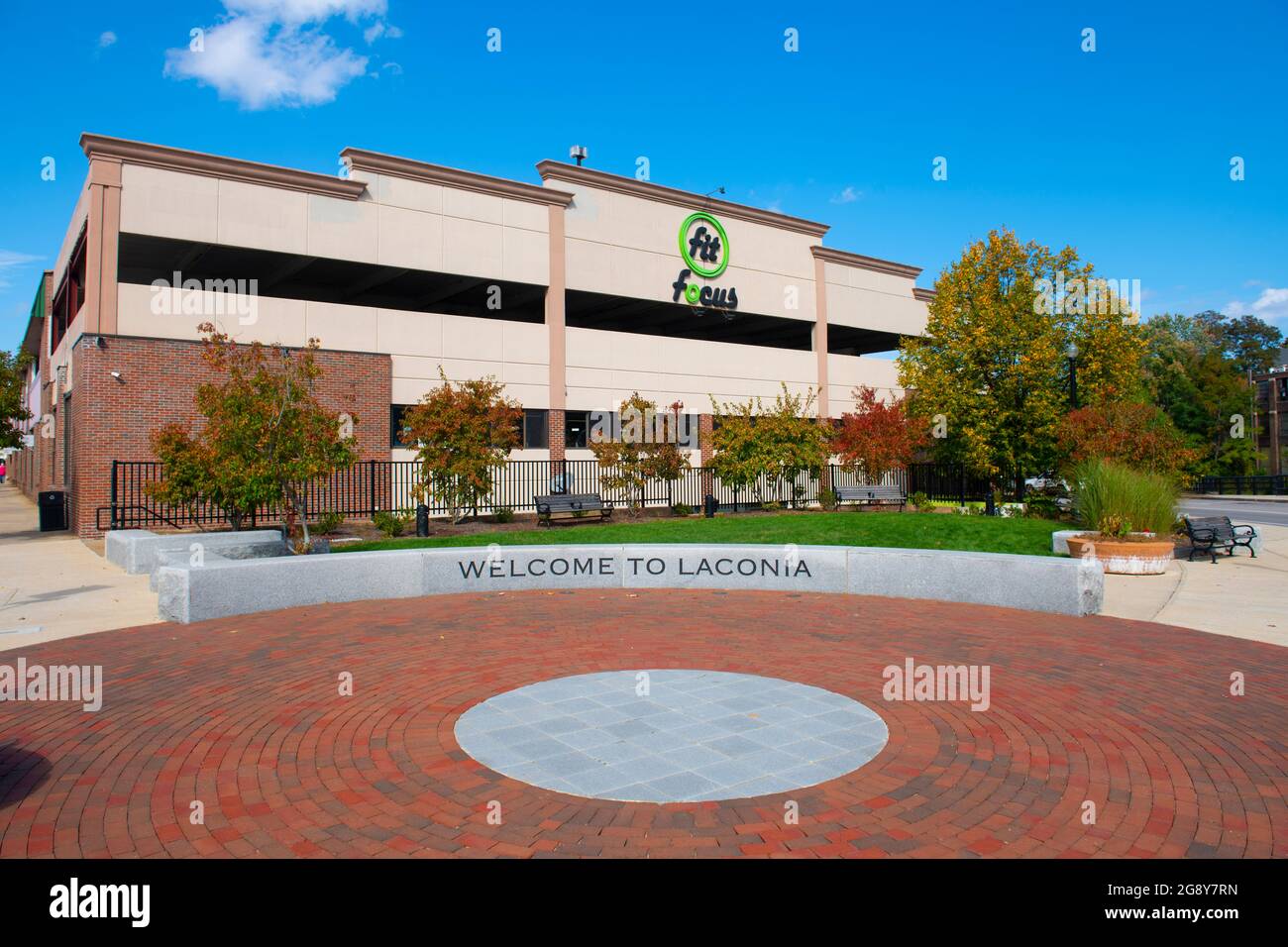 Welcome to Laconia sign at Mill Plaza in city of Laconia, New Hampshire NH, USA. Stock Photo