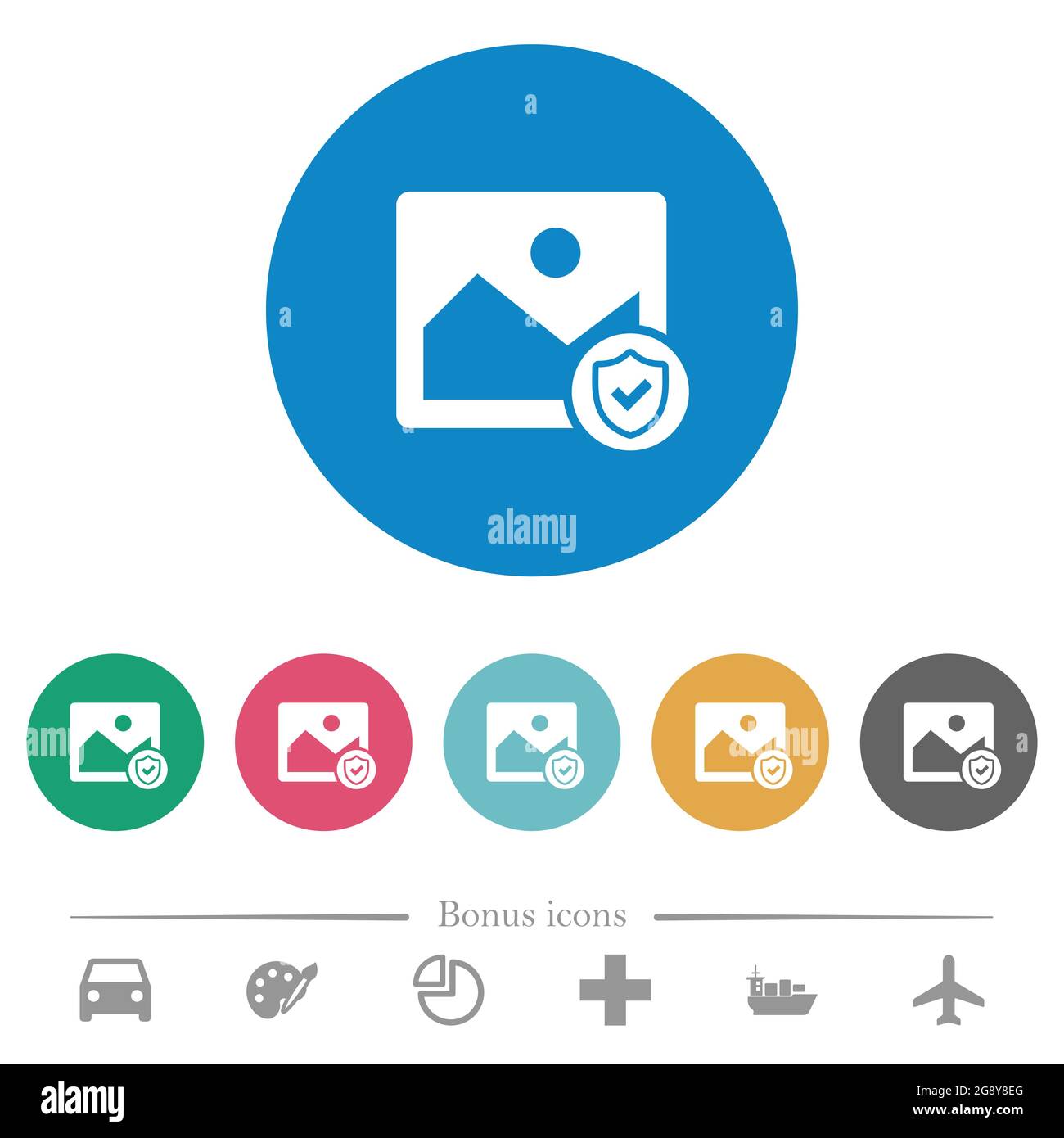 Protected image flat white icons on round color backgrounds. 6 bonus ...