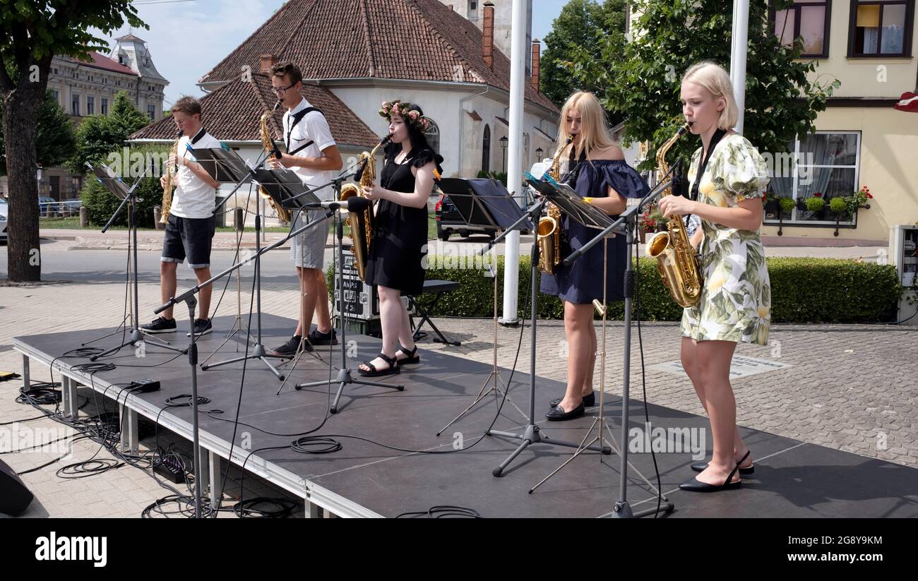A saxophone ensemble performing at Festival of Roses in Tukums city,  Latvia Stock Photo