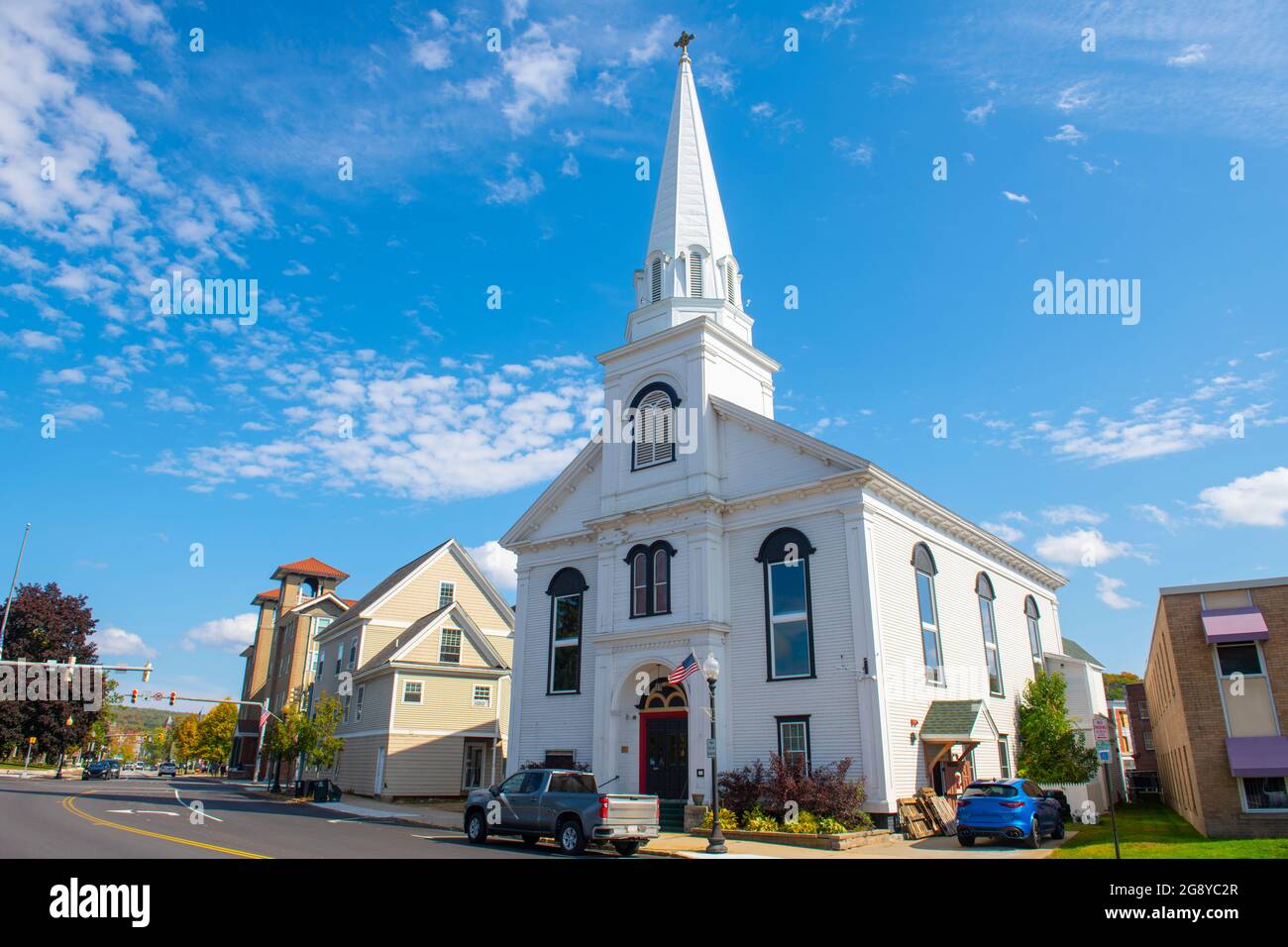 Evangelical Baptist Church at Veterans Square in city of Laconia, New Hampshire NH, USA. Stock Photo