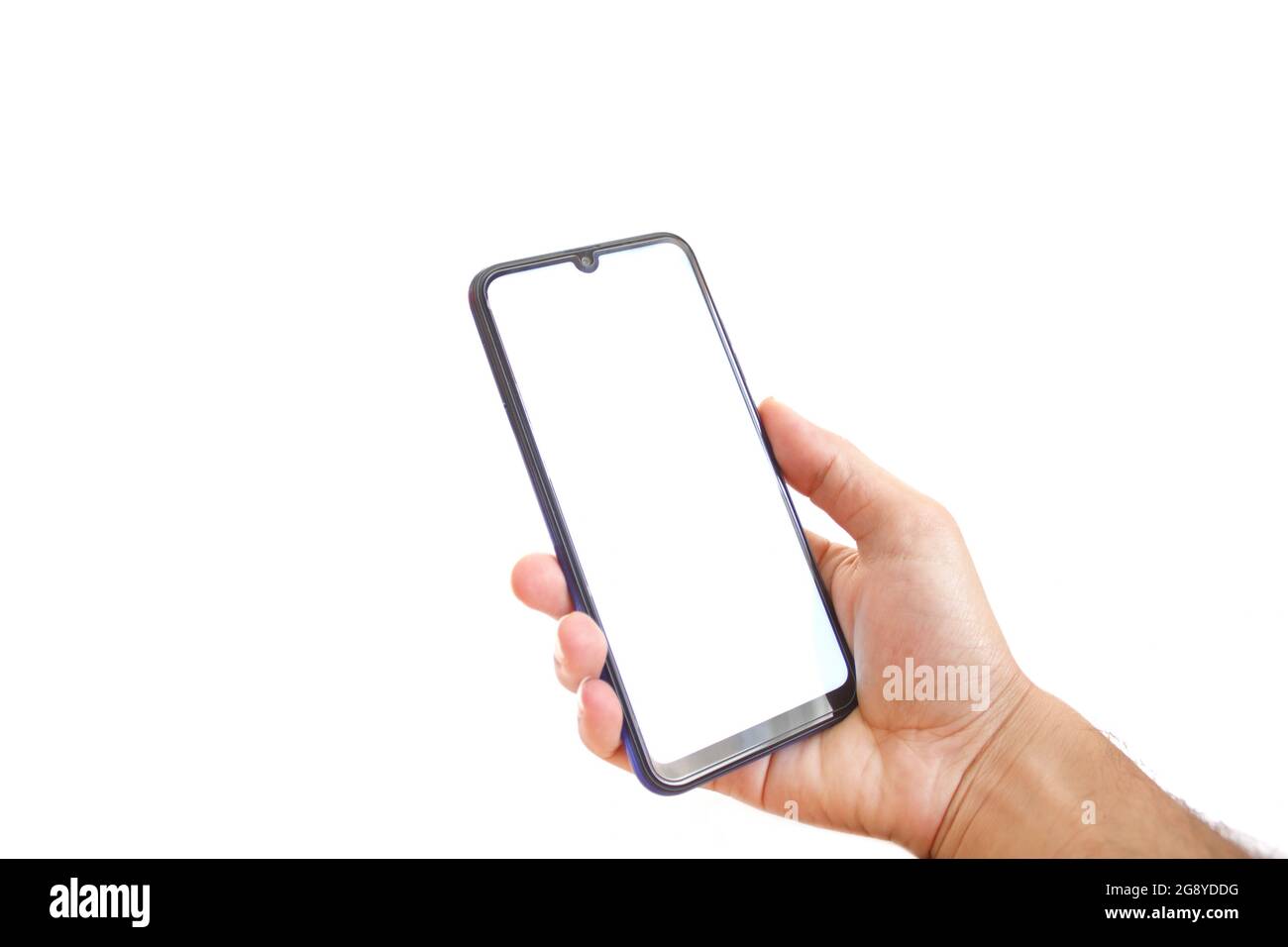 Man hand holding smartphone with blank white screen. Phone isolated on ...