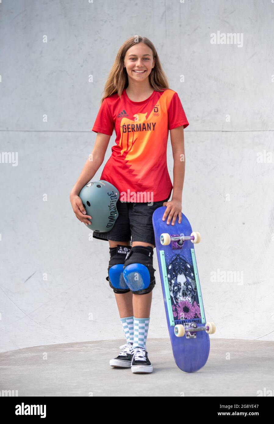 Berlin, Germany. 23rd July, 2021. Lilly Stoephasius, skateboarder, stands  in a skate park. The 14-year-old Stoephasius is the youngest German athlete  to take part in the Olympic Games in Tokyo. Credit: Christophe