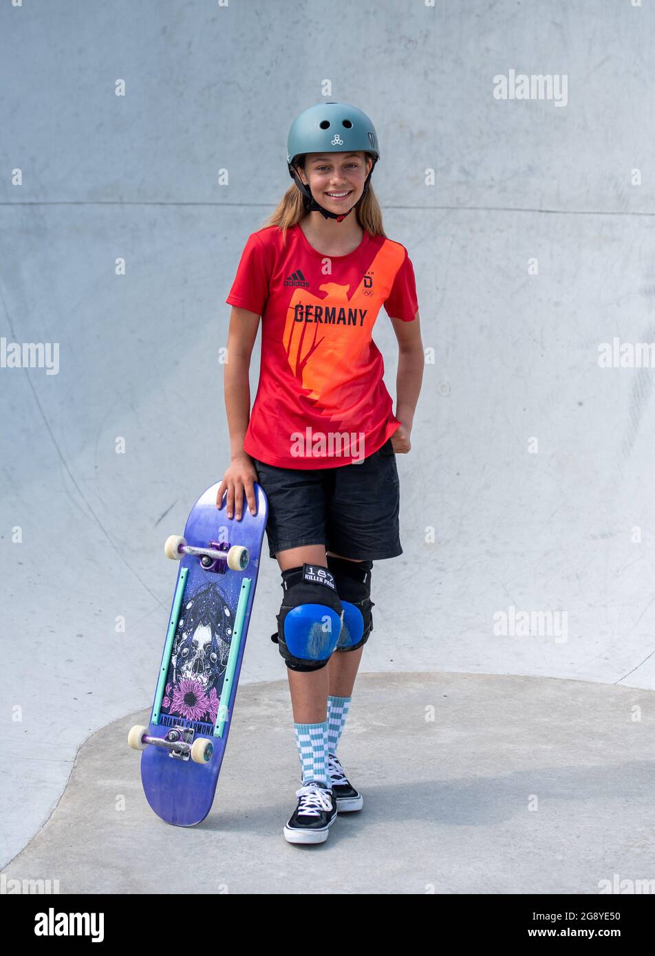 Berlin, Germany. 23rd July, 2021. Lilly Stoephasius, skateboarder, stands  in a skate park. The 14-year-old Stoephasius is the youngest German athlete  to take part in the Olympic Games in Tokyo. Credit: Christophe