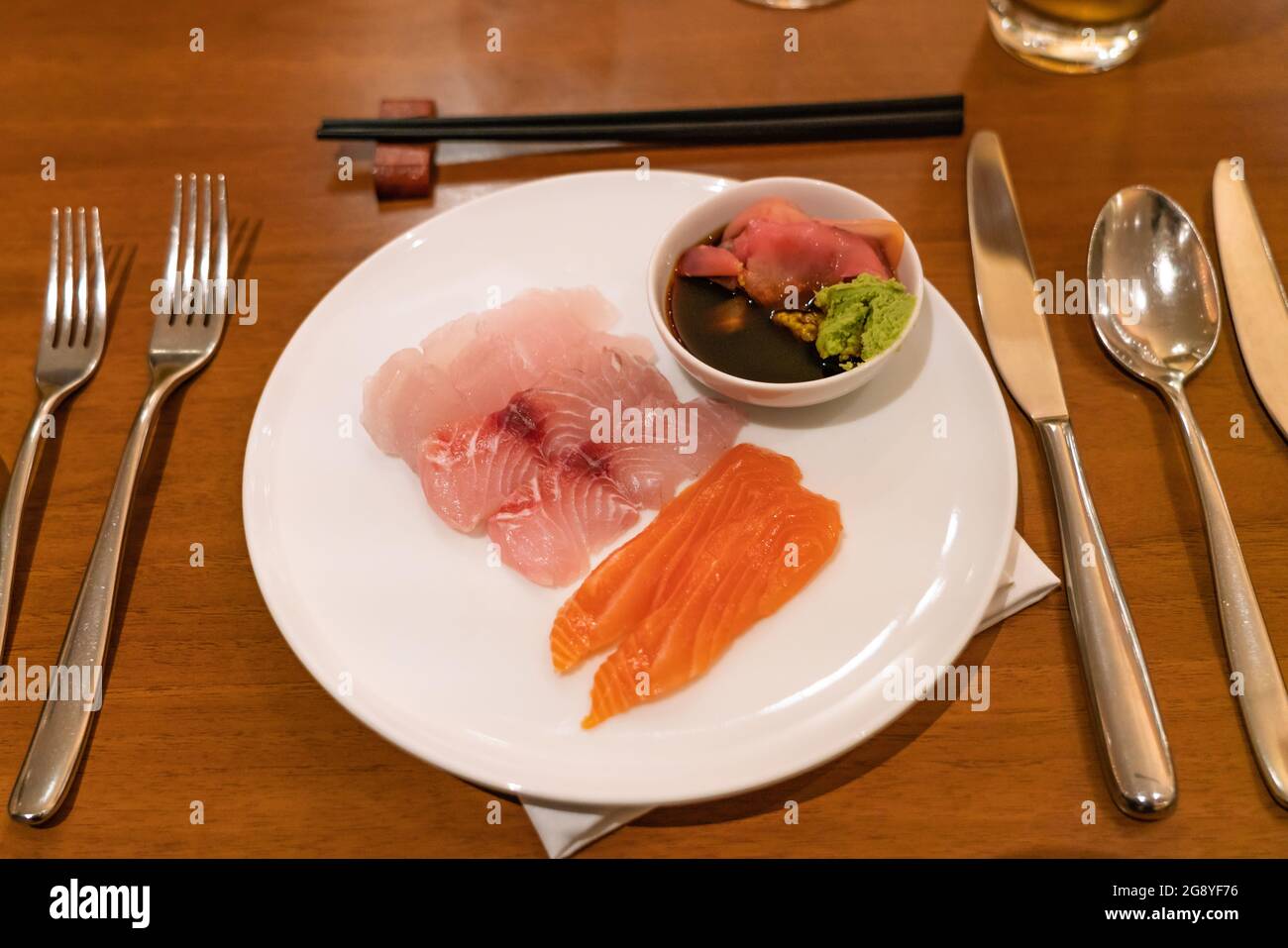 Japanese food with Salmon Sashimi and sinappi Stock Photo Alamy