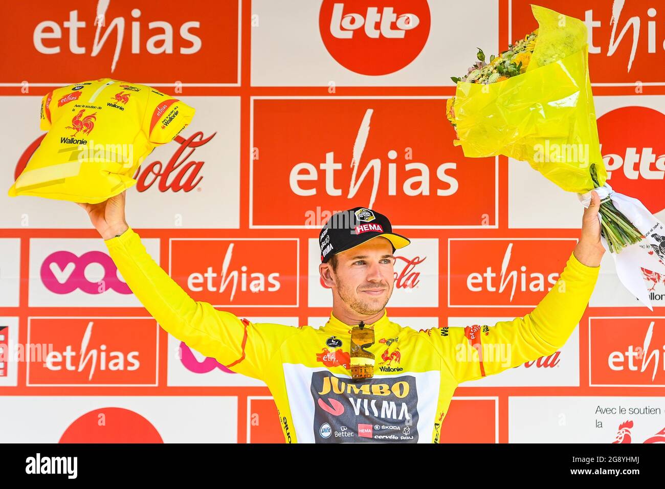 Dutch Dylan Groenewegen of Team Jumbo-Visma celebrates on the podium after winning the fourth stage of the Tour De Wallonie cycling race, 206km from N Stock Photo